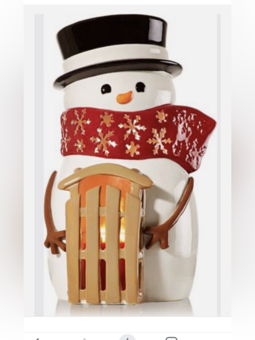 Bath & Body Works White Snowman Lantern Figurine with Red Scarf and Gold Sled